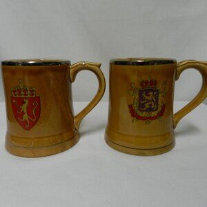 Nasco Japan Vintage Coat Of Arms large Mug Cup Stein set 2 Thumb Rest Stoneware